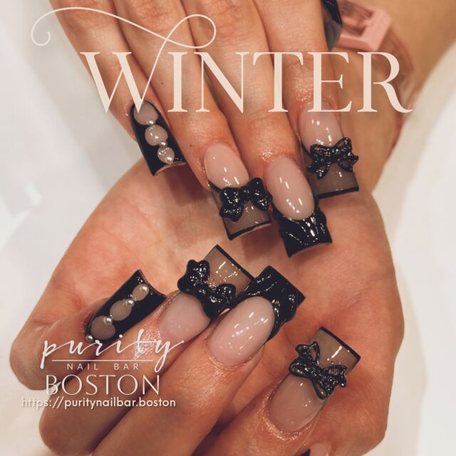 Winter just got a whole lot more glamorous ❄️✨ These edgy black-tipped nails, adorned with luxe bows and pearls, are the ultimate showstopper this season. Ready to elevate your style? Visit Purity Nail Bar in Boston and let your nails do the talking! 💅✨ #WinterElegance #NailArtGoals #puritynailbarboston 
#hpnailsbybo #BostonNails #BostonNailTech #BrightonNails #BrooklineNails #NailsOfInstagram #NailsArtAddict #Nails #NailArt #Beauty #Fashion #LongNails #NailPorn #NailSwag #NailAddict #BrightonMA #boston #bostoncolledge