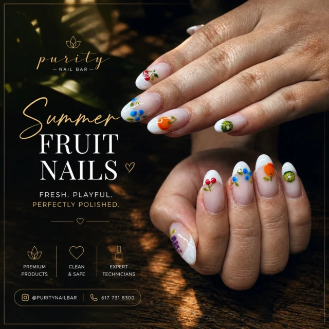 🍉 If you could wear only ONE fruit-inspired nail, which would you choose?

❤️ Cherry
🫐 Blueberry
🍊 Orange
🥝 Kiwi
🍇 Grape
▫️ ▫️ #PurityNailBar #NailsByJohn #BostonNails #BostonNailTech #bostoncolledge