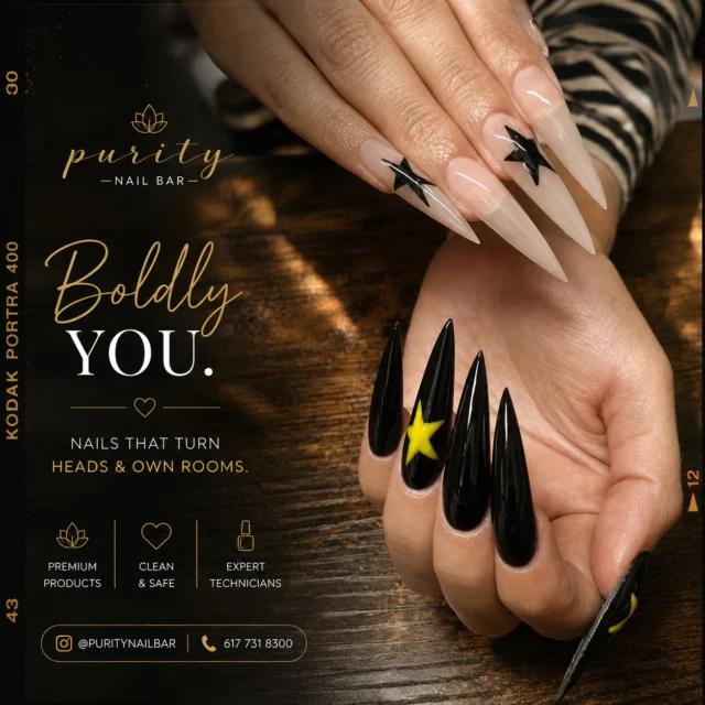 ⭐️ Dare to stand out. Dare to be bold. ⭐️

These statement nails are made for the ones who love to turn heads. Featuring sleek stiletto shapes, striking black-and-nude contrast, and bold star accents, this set is all about confidence with a touch of glam. ✨🖤
▫️ ▫️ #PurityNailBar #NailsByJohn #BostonNails #BostonNailTech #bostoncolledge